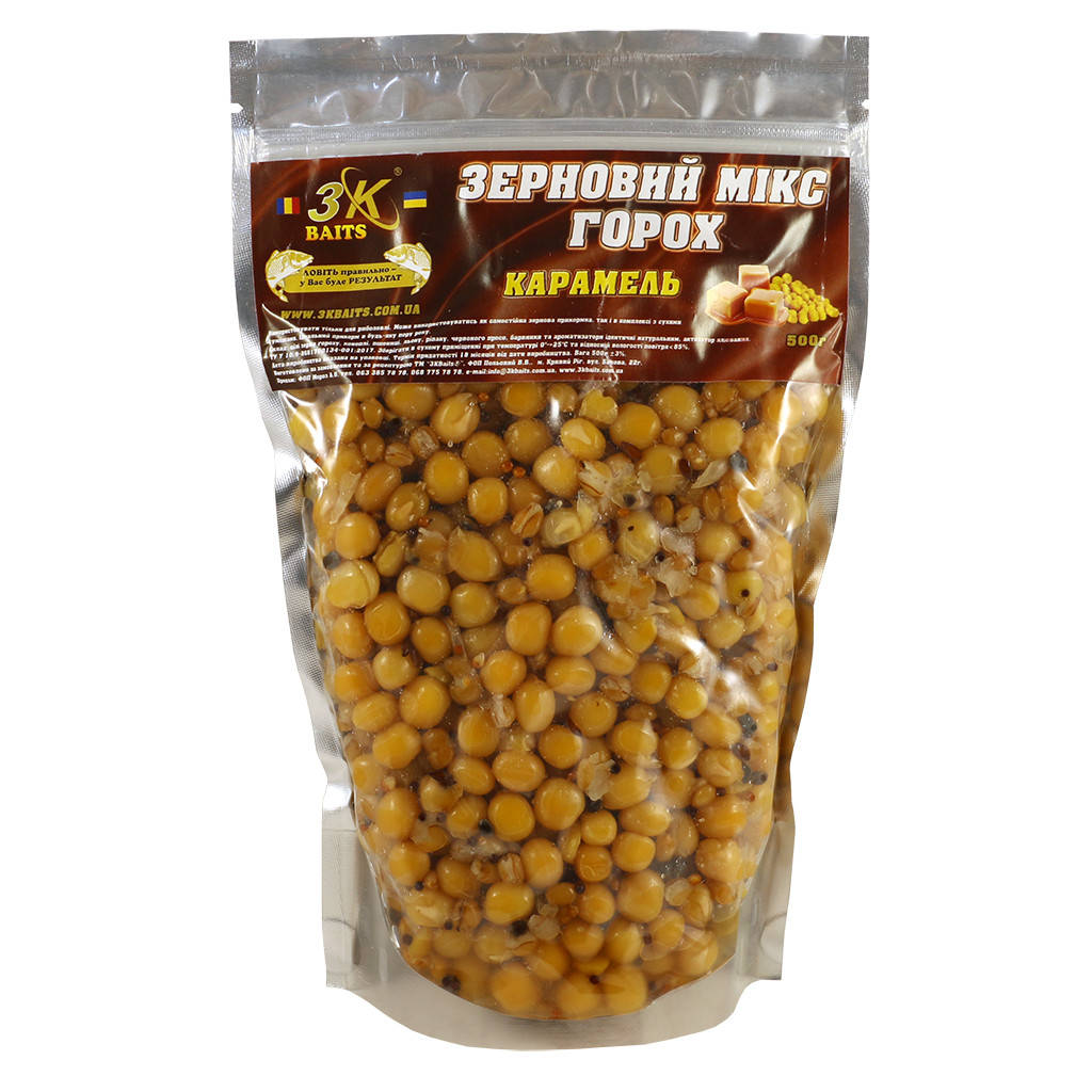 

Прикормка 3k Baits Зерновой микс Горох 500г Карамель