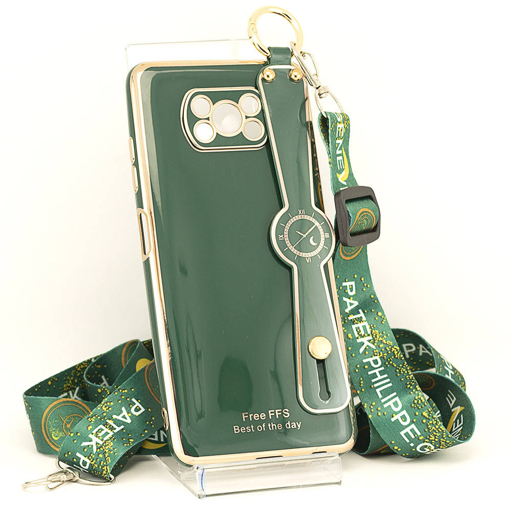 

Чехол Luxury для Xiaomi Poco X3 / X3 Pro бампер с ремешком Green, Зелёный