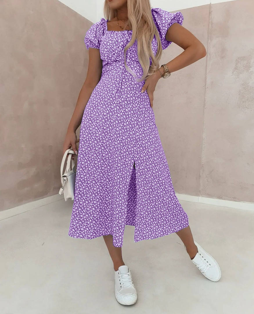 

Красивое платье с открытыми плечами в цветочный принт лиловое . Размер: 42-44, 46-48