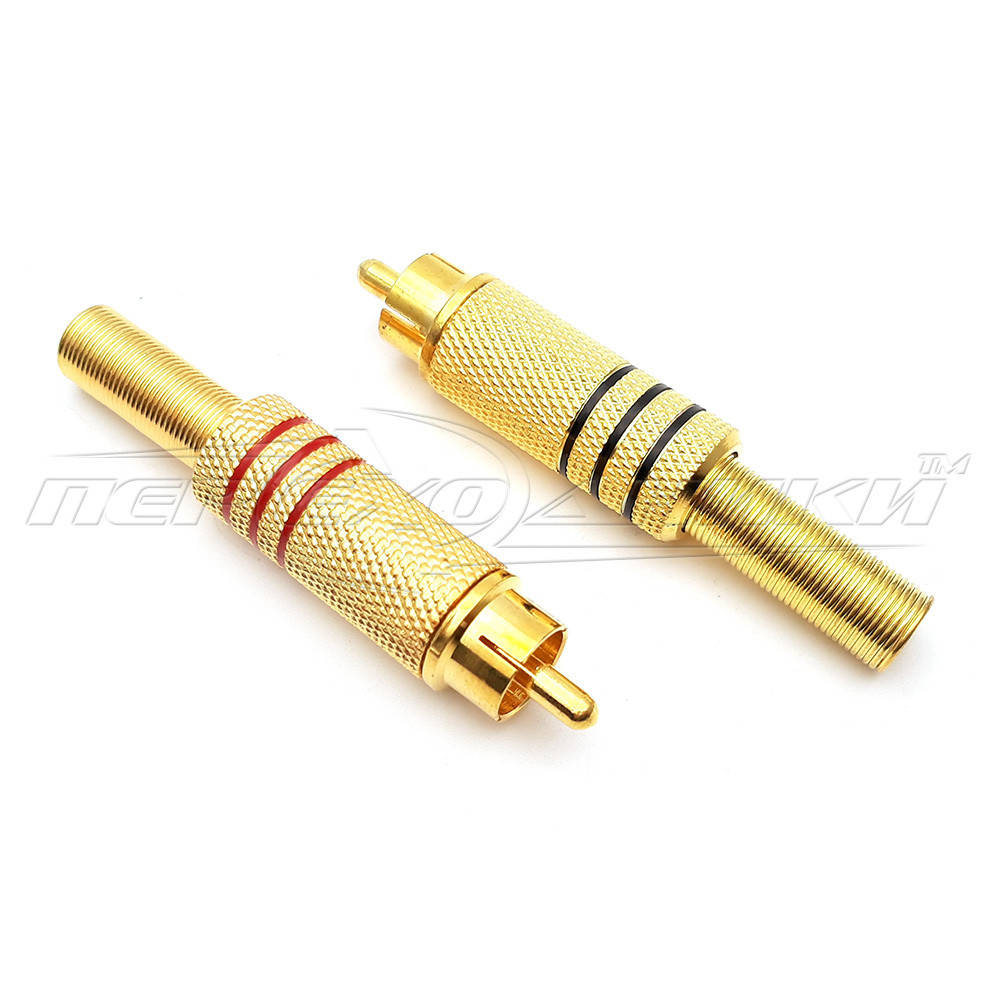 

Разъем штекер RCA под шнур с пружиной (металл), Gold (3 полоски)