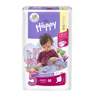 

ПОДГУЗНИКИ HAPPY BELLA (BIG PACK) №5 (от 12 до 25 кг) 58 шт.
