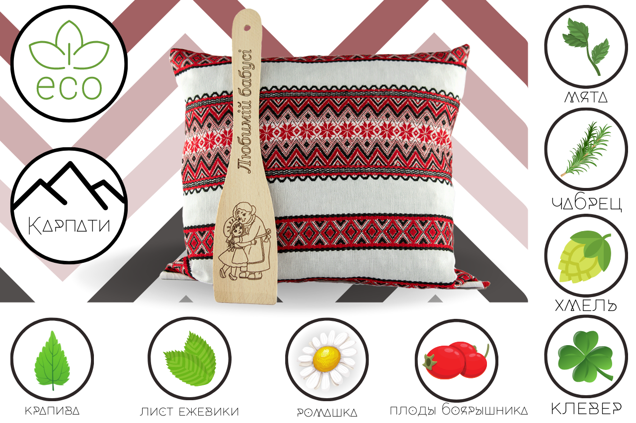 

Фито подушка с Карпатскими травами "Вишиванка" 30*30 см + Лопатка для сковороды с гравировкой "Любимій Бабусі"