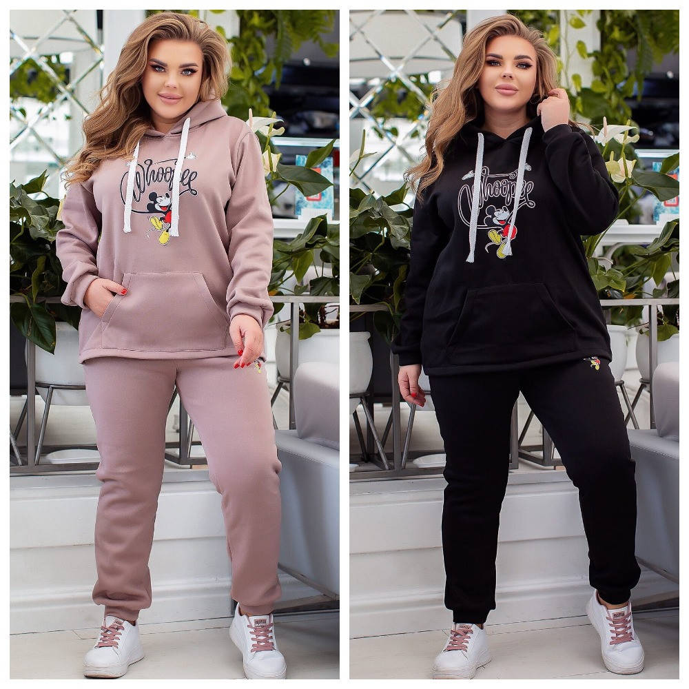 

Женский спортивный костюм из трехнитки на флисе толстовка и штаны большие размеры, Черный