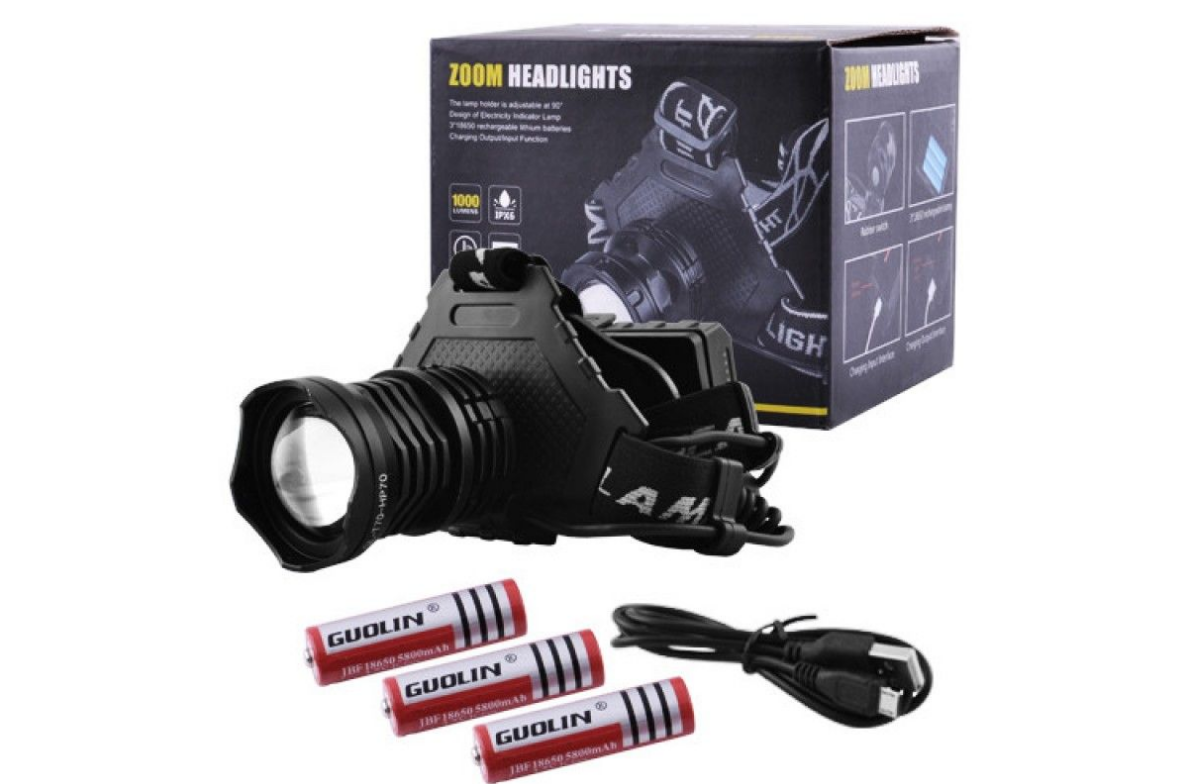 

Налобный фонарь фонарь на голову T70-HP90 + функция Power Bank, Zoom, Черный