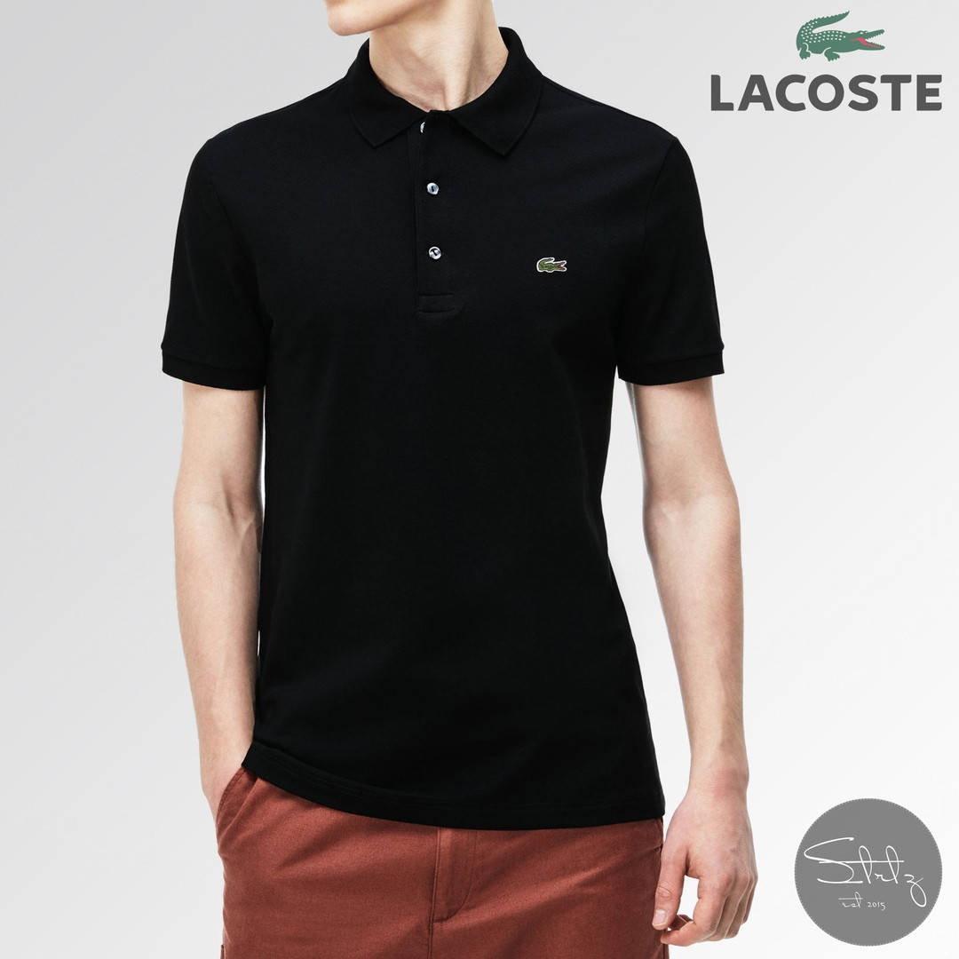 

Мужская черная футболка поло лакост с воротником, пуговицами Lacoste с крокодилом,