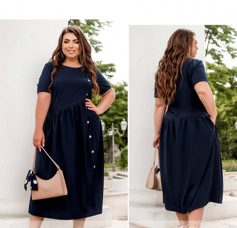 

/ Размер 50-52,54-56,58-60,62-64 / Женское однотонное платье миди / 8-311-Синий