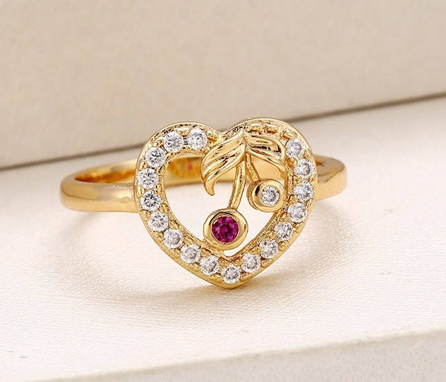 

Кольцо Сердце с вишенками и цирконием, p. 16.5, р. 17, р. 17,5 р. 18 позолота Xuping, 18К