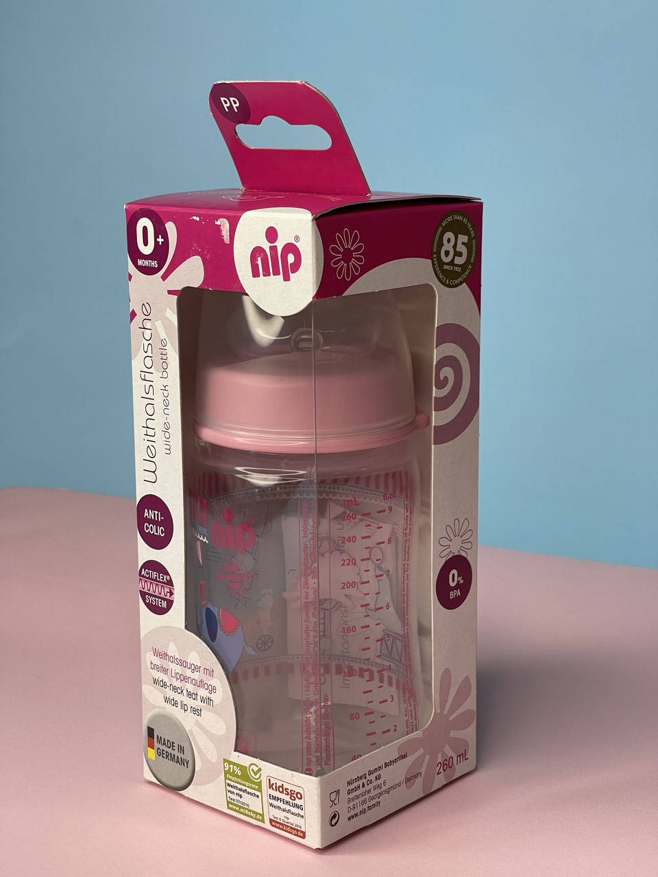 

Бутылочка NIP 260 мл РР широкое горло + соска, Девочка
