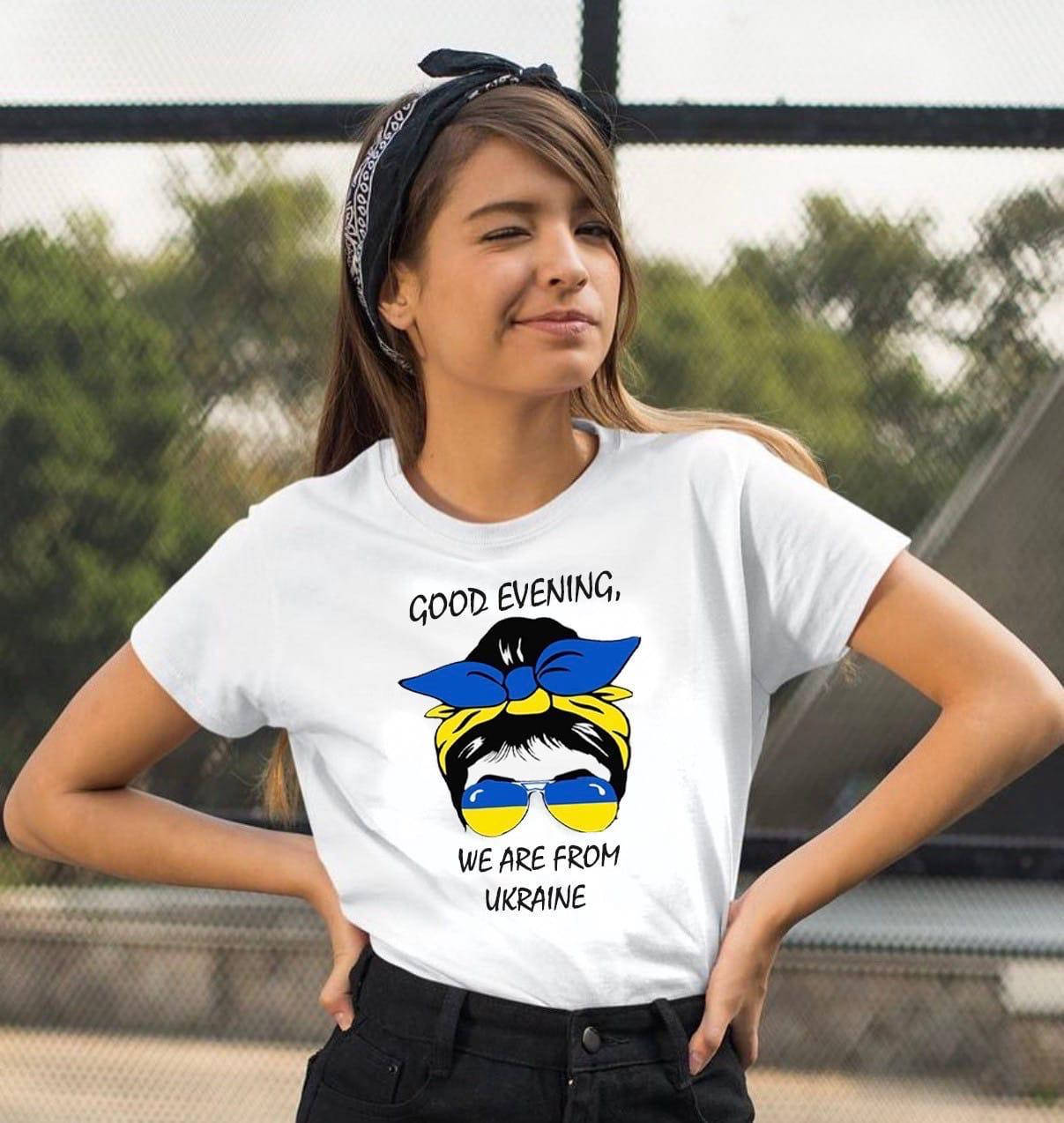 

Жіноча патріотична футболка "Good evening, we are from Ukraine" 44/46, Белый