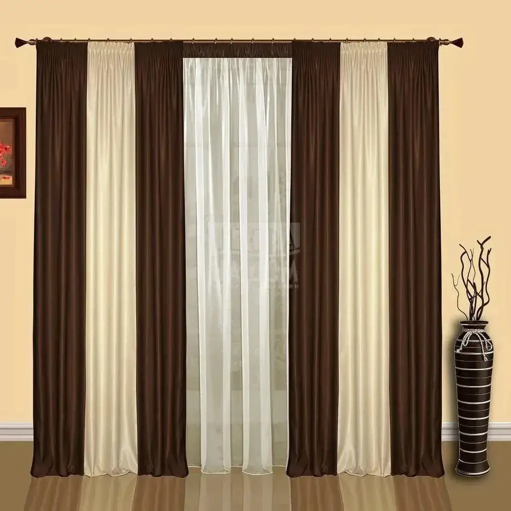 

Солнцезащитные комбинированные шторы блэкаут софт. Шторы в спальню, зал. Цвет коричневый с бежевым