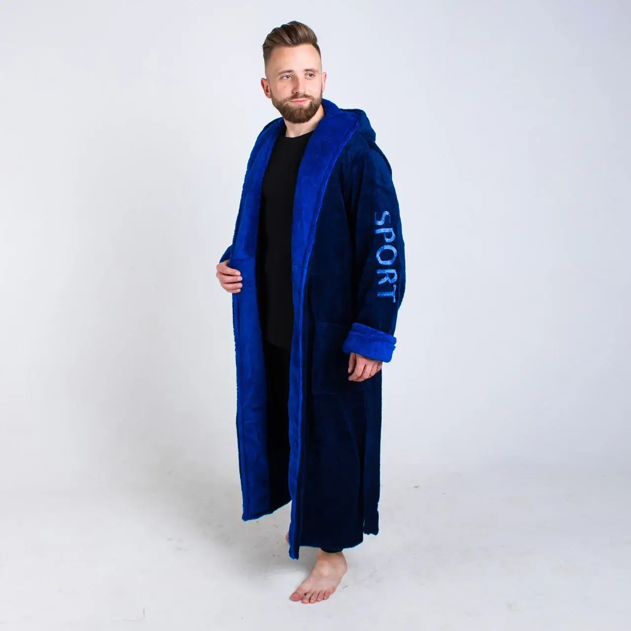 

Мужской махровый халат на запах размер L- 6XL, Синий