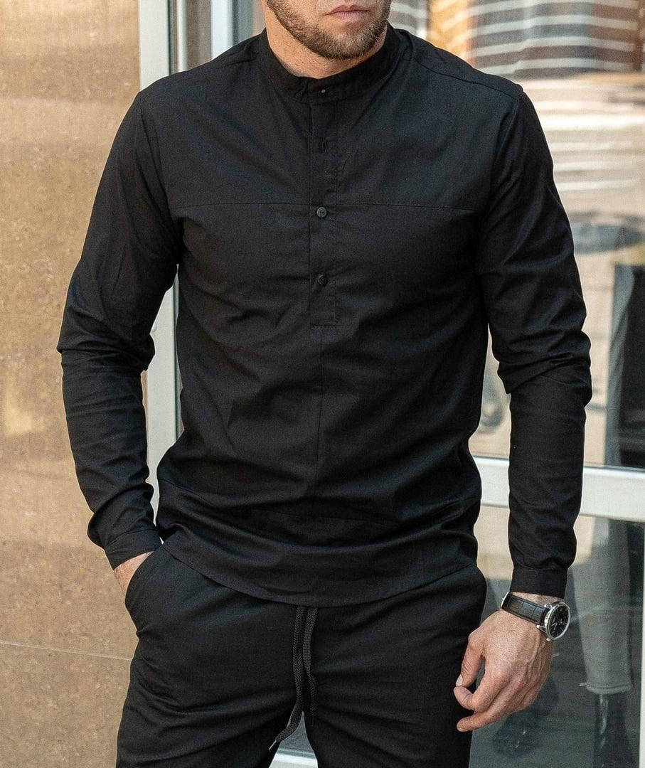 

Мужская стильная рубашка casual, воротник стойка (черная) M, Черный