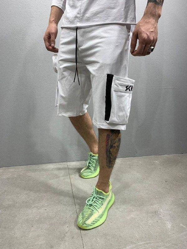 

Шорты мужские длинные белые с большими карманами и надписью на карманах прямой фасон бриджы белые мужские, Белый