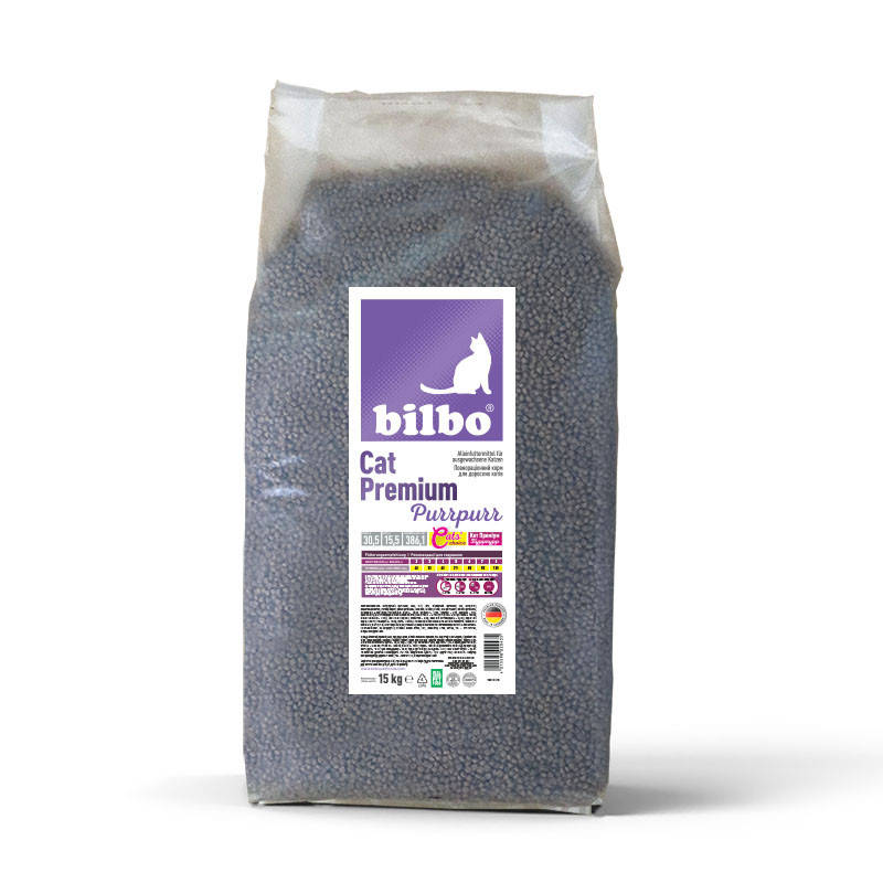 

Повнораціонний корм для дорослих котів Bilbo Cat Premium Purrpurr, 15 kg