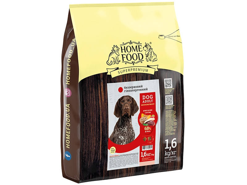 

Сухой беззерновой гипоаллергенный корм для собак Home Food DOG ADULT MEDIUM/MAXI крупных и средних пород, утка