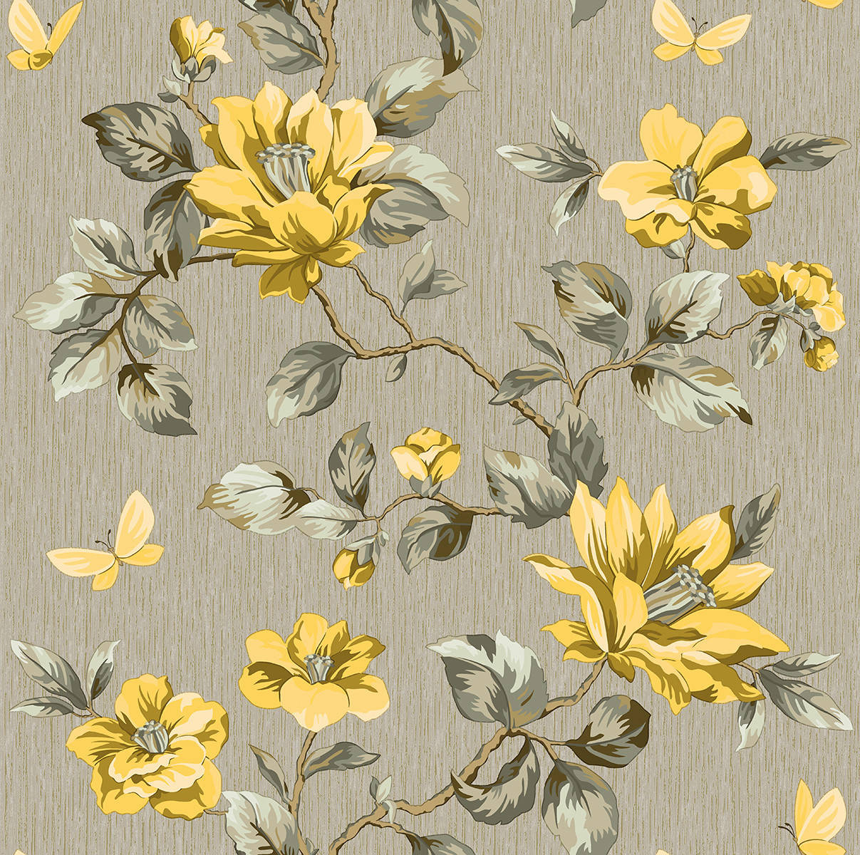

Обои бумажные Континент Таисия бежево-серый фон желтые цветы 1481