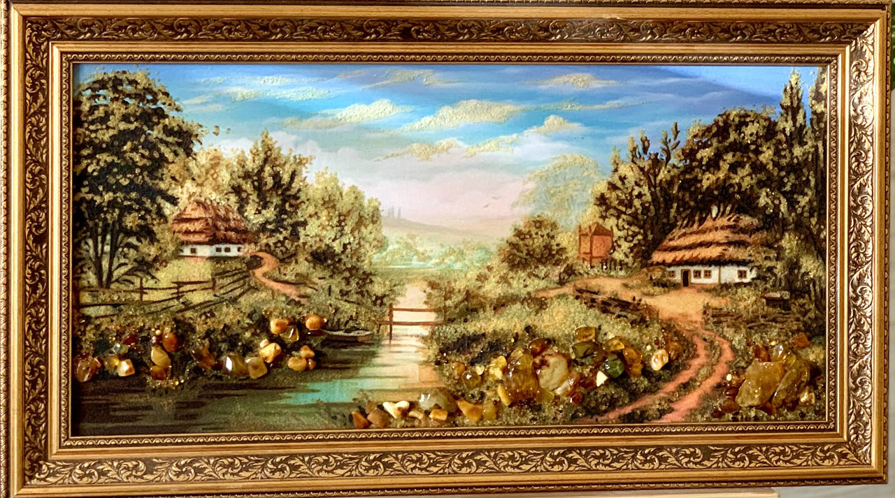 

Картина пейзаж з бурштину (янтаря) " Українське село " 30x60 см