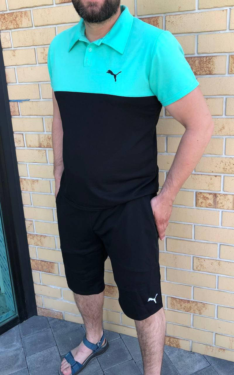 

Костюм с шортами летний Puma Костюм спортивный хлопок Шорты и Футболка Пума Черный с Мятным, Мятный