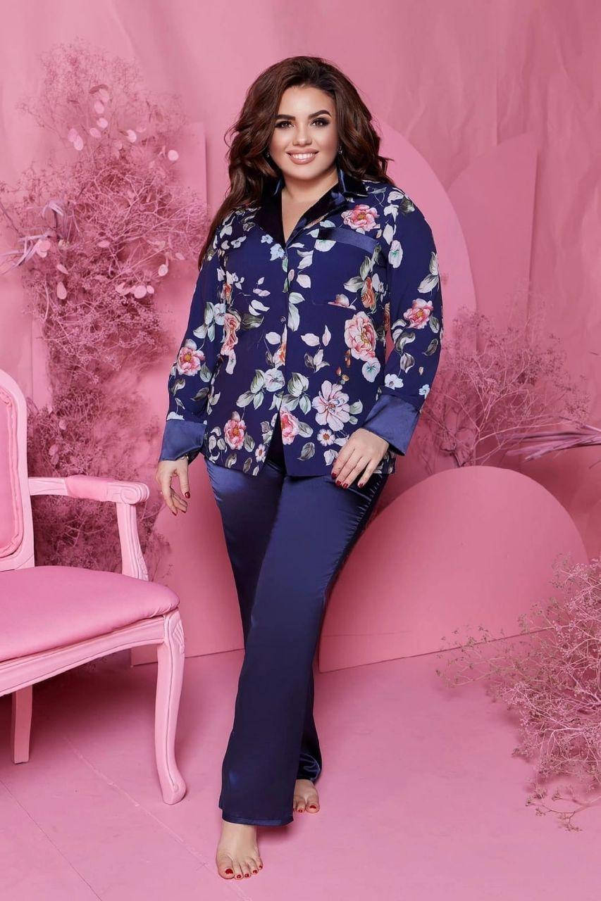 

Женская шелковая пижама больших размеров 56, Синий