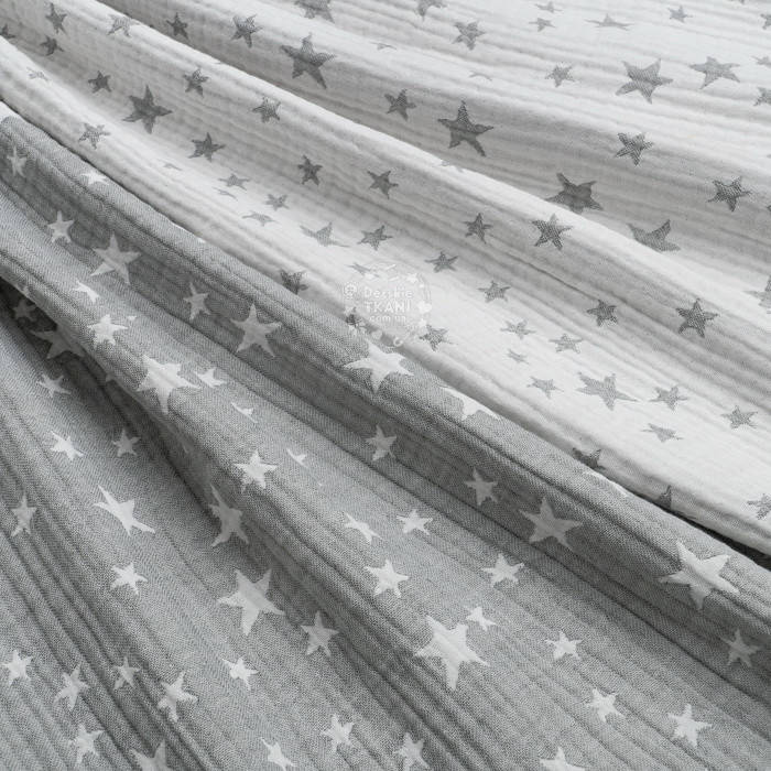 

Четырёхслойный муслин жаккард (двусторонний) с серыми звёздами, ширина 130 см, Серый