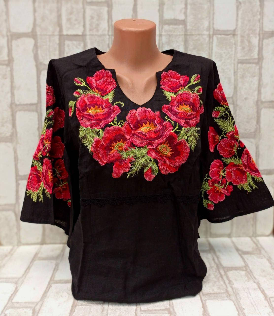 

Женская блуза с вышивкой "Маковка", материал - лен, р-р 48, Черный