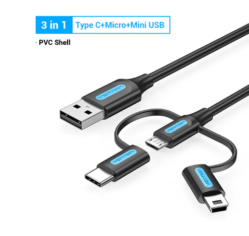 

Кабель Vention 3в1 Type C+Micro+Mini USB 3А 1м., Черный