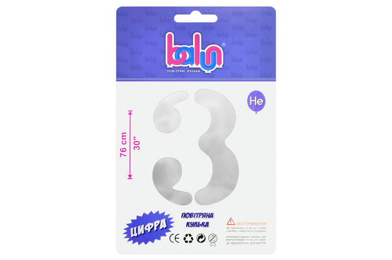 

Фольгированный шар цифра 3 серебро 30" Balun в упаковке, Серебристый