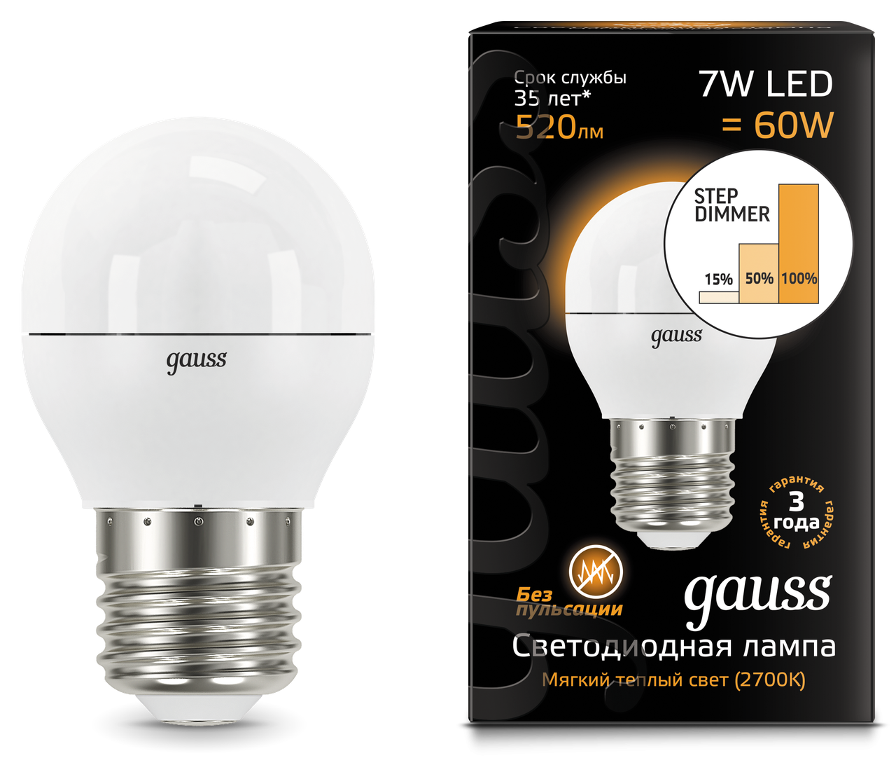 

Лампа светодиодная Gauss LED Шар E27 7W 520lm 3000K step dimmable, 105102107-S