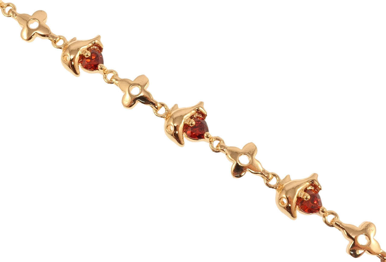 

Браслет Xuping M&L желтый оттенок "Красные кристаллы с дельфинами" длинна с доп.замком 17.5,20см х 6-8мм