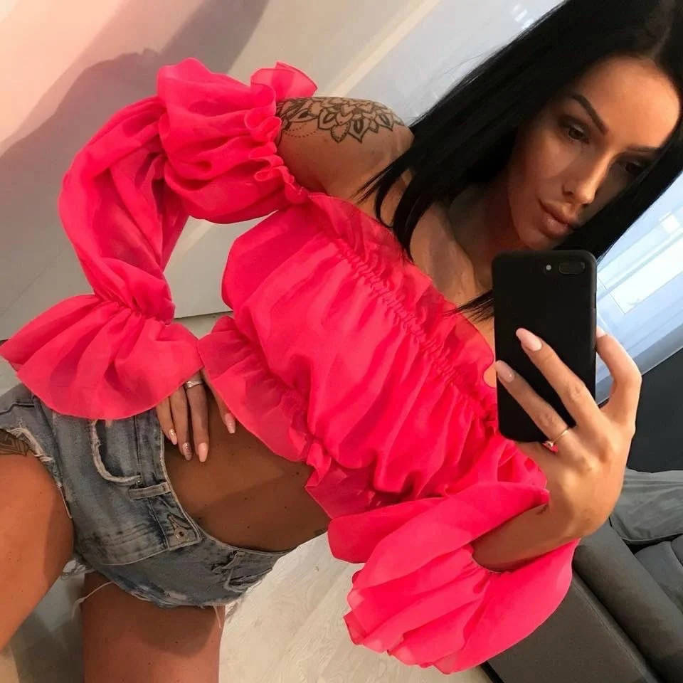 

Шифоновый топ с рюшами и открытыми плечами, Розовый