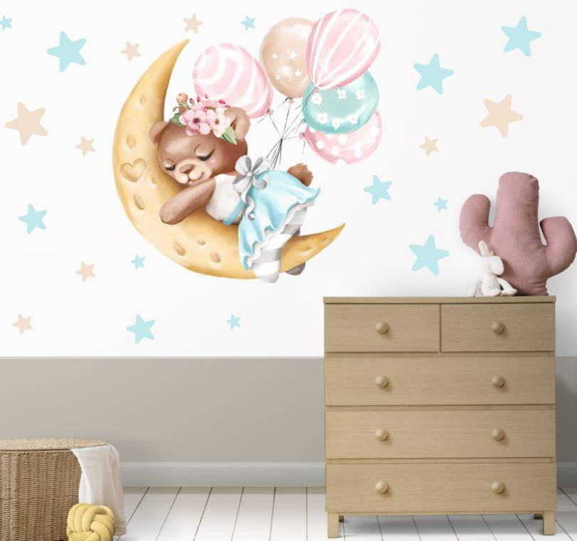 

Интерьерная наклейка "Мишка на луне" 97х95 см + набор звездочек стену в детскую комнату в стиле (глянец), Белый