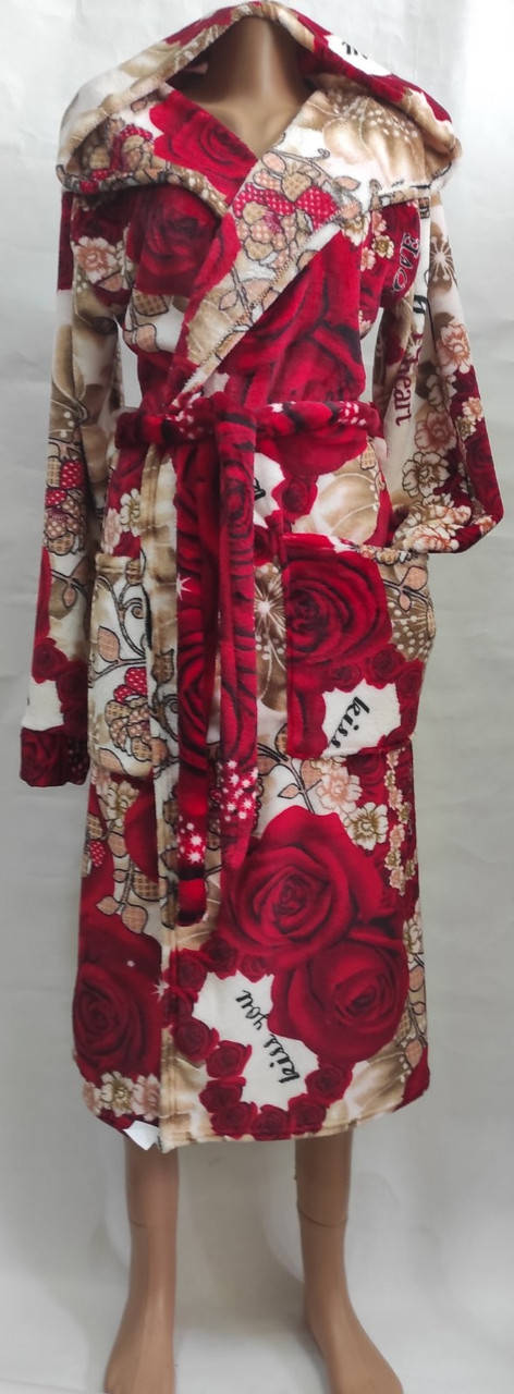 

Халат теплый женский, на запах, с капюшоном, махровый велсофт, большие размеры.46,48/50,52/54,56/58,60/62. 60/62, Красный