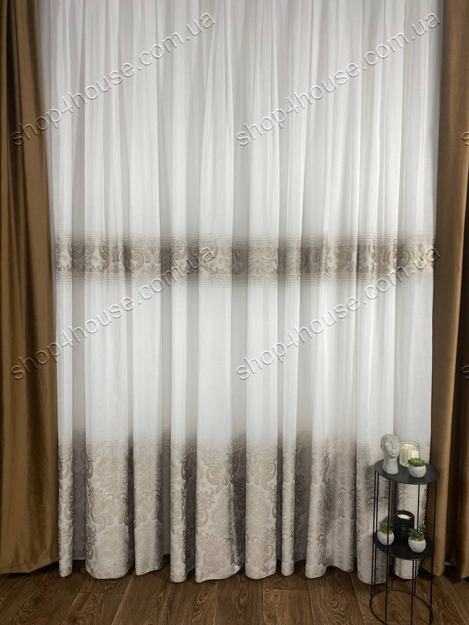 

Лянная тюль с полосками по середите и внизу . Цвета: Золотистый(оливковый)