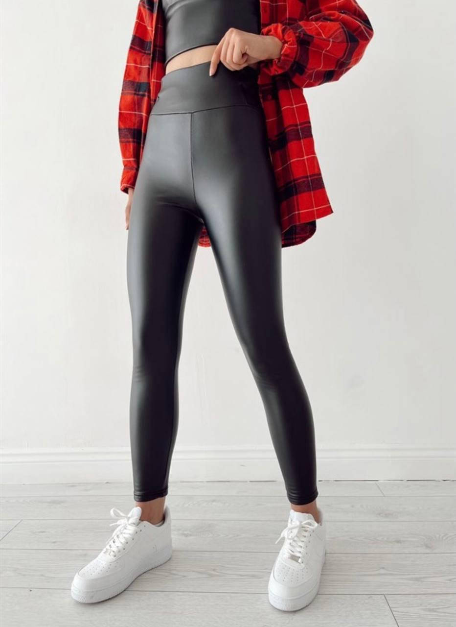 

Женские черные кожаные лосины из матовой эко-кожи на флисе (42-44, 44-46 размеры), Черный