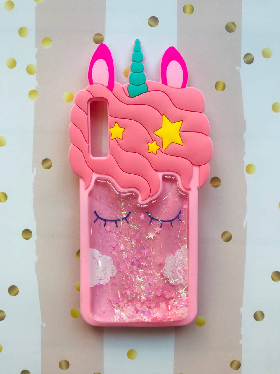

Чехол силиконовый 3D Case с переливающимися блёстками для Samsung Galaxy A7(2018) A750 Единорог розовый
