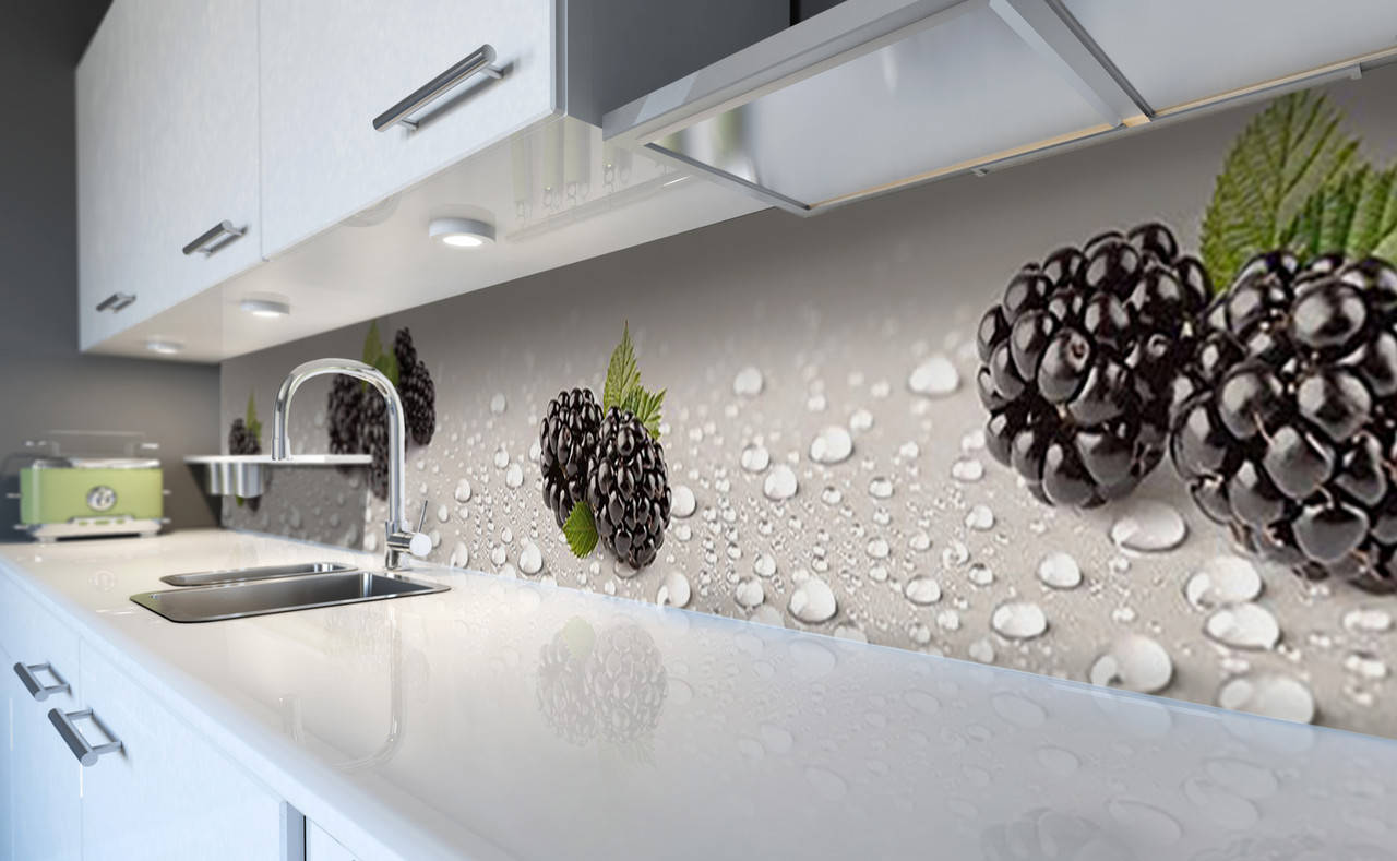 

Виниловый кухонный фартук Ежевика Макро пленка ПВХ скинали 3Д синие Ягоды капли росы Серый 600*2500 мм