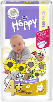 

Подгузники детские Happy 4+Maxi Plus 9-20 кг 62 шт, Зелёный