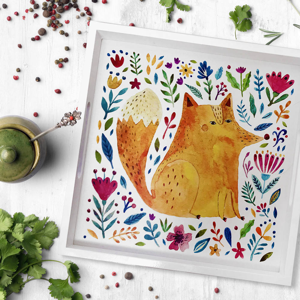 

Деревянный поднос с принтом Лиса и цветы на белом фоне