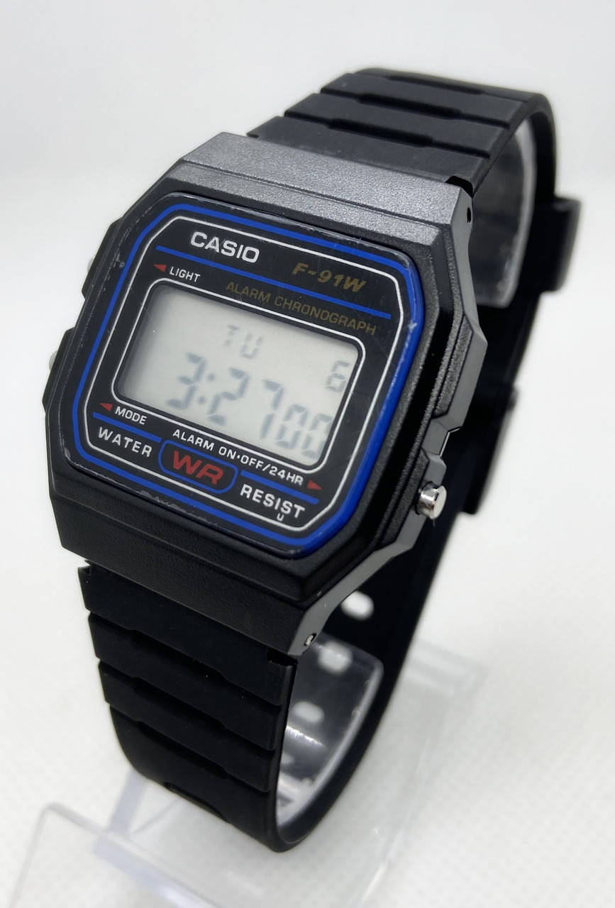 

Часы мужские наручные электронные CASIO (Касио) F-91W Черные с синим ( код: IBW821BZ )