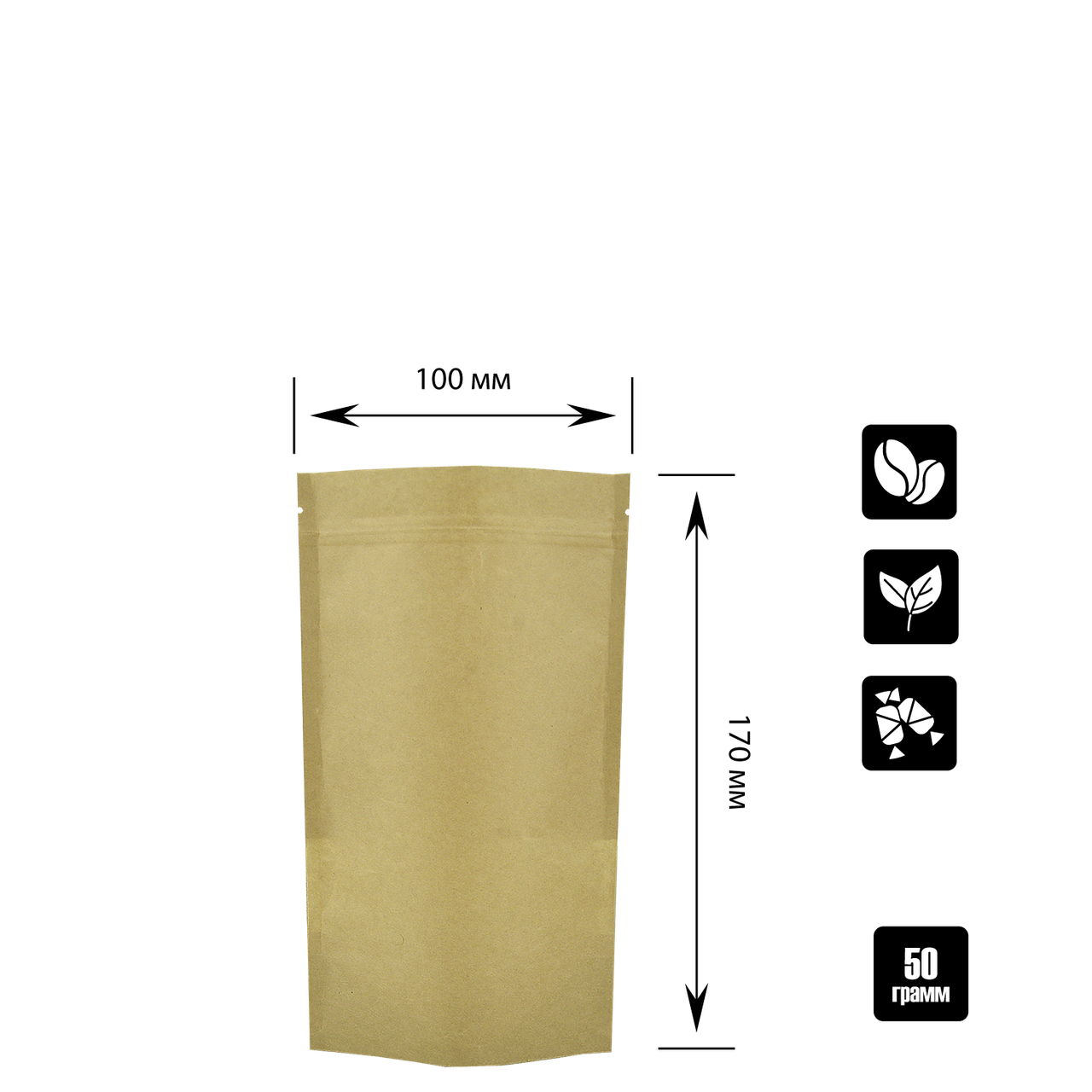 

Упаковка дой-пак для кофе/чая 50 г крафт+РЕ/zip-замок 100х170х30 мм, Коричневый