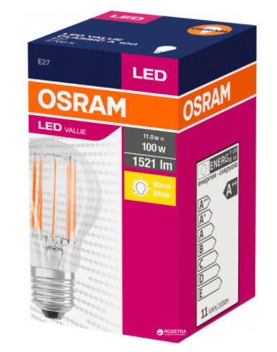 

Лампа светодиодная 11W, 230V, 1521lm, 4000K, E27, филаментная Osram [4058075439597] Осрам VALUE CL A