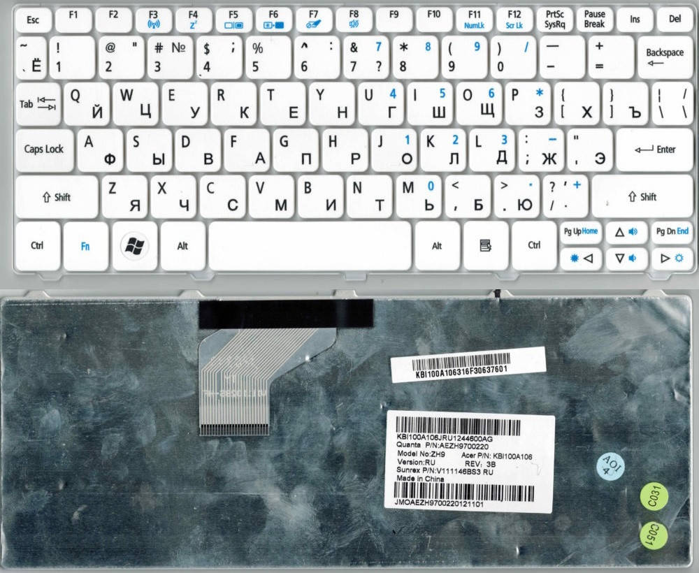 

Клавиатура для ноутбука Acer aspire one 521, 522, 533, D255, D260, n210 EM: 350, 355 RU белая Оригинал! новая, Белый