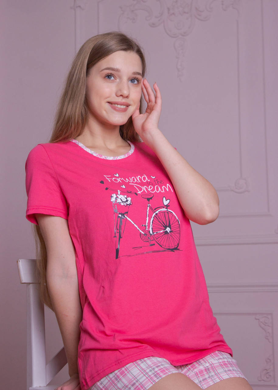 

Пижама женская шорты и футболка, состав 100% хлопок, 2 расцветки, размеры 46-54, производство Украина