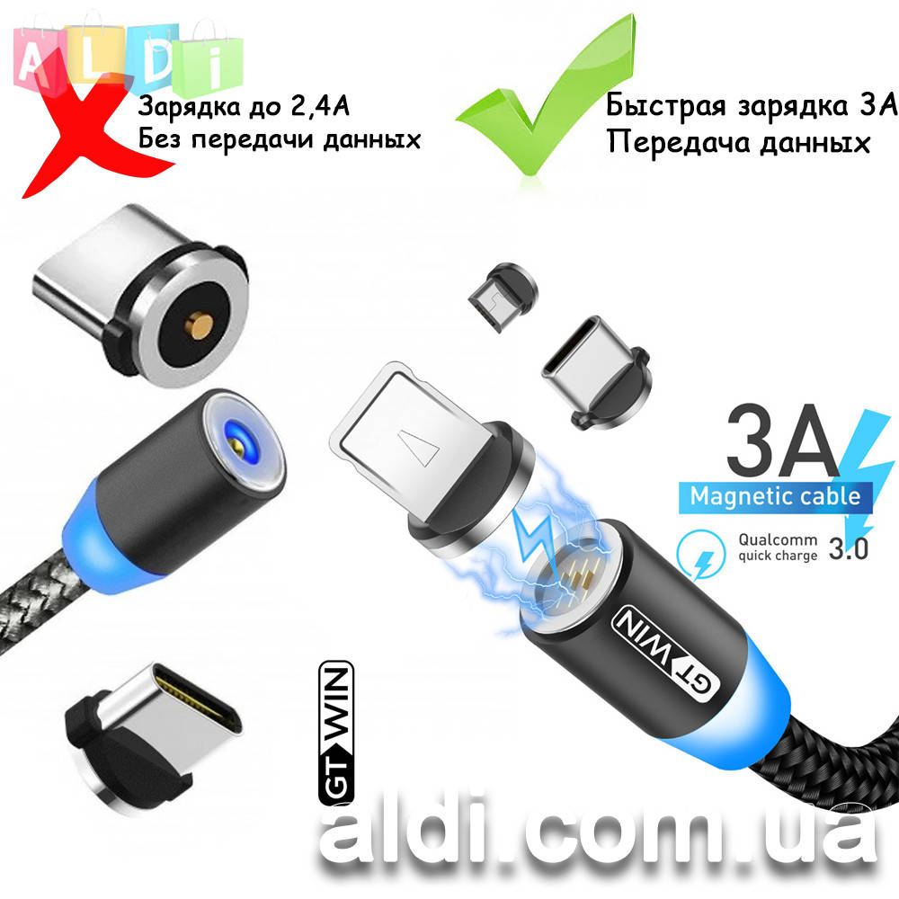 

Быстрая зарядка + передача данных Магнитный кабель 3A Lightning Micro USB Type-C (1 коннектор в комплекте) 2 метра
