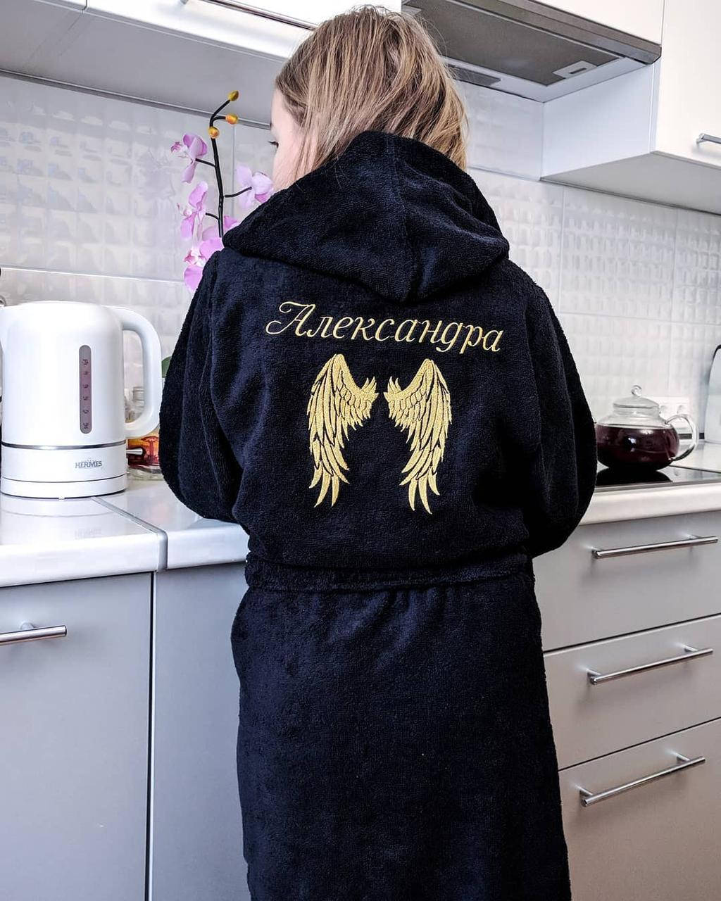 

Именные махровые халаты на подарок (ткань турецкая, хлопок 100%), черный, L