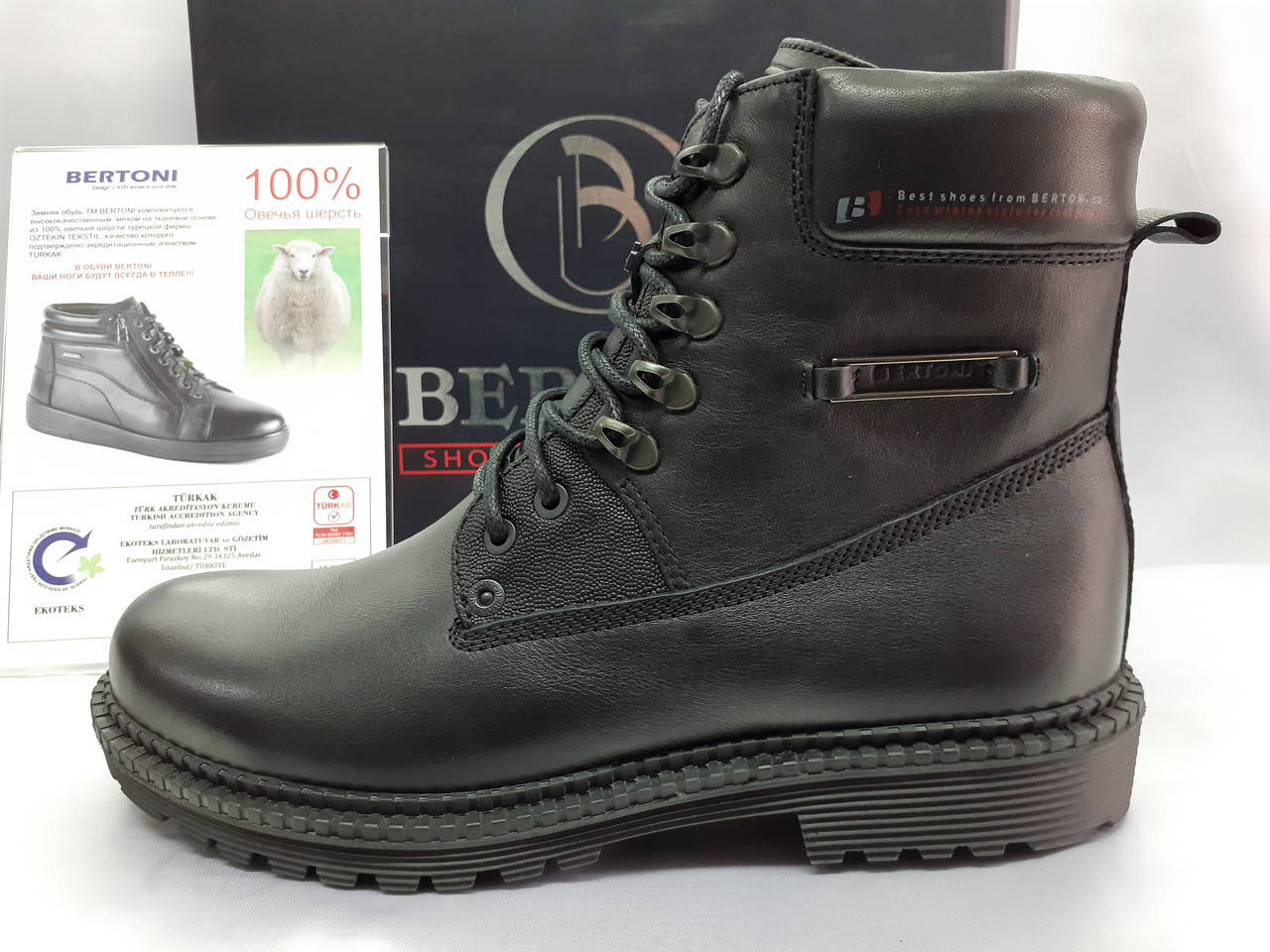

Комфортные зимние кожаные ботинки-берцы на шнуровке Bertoni, Черный
