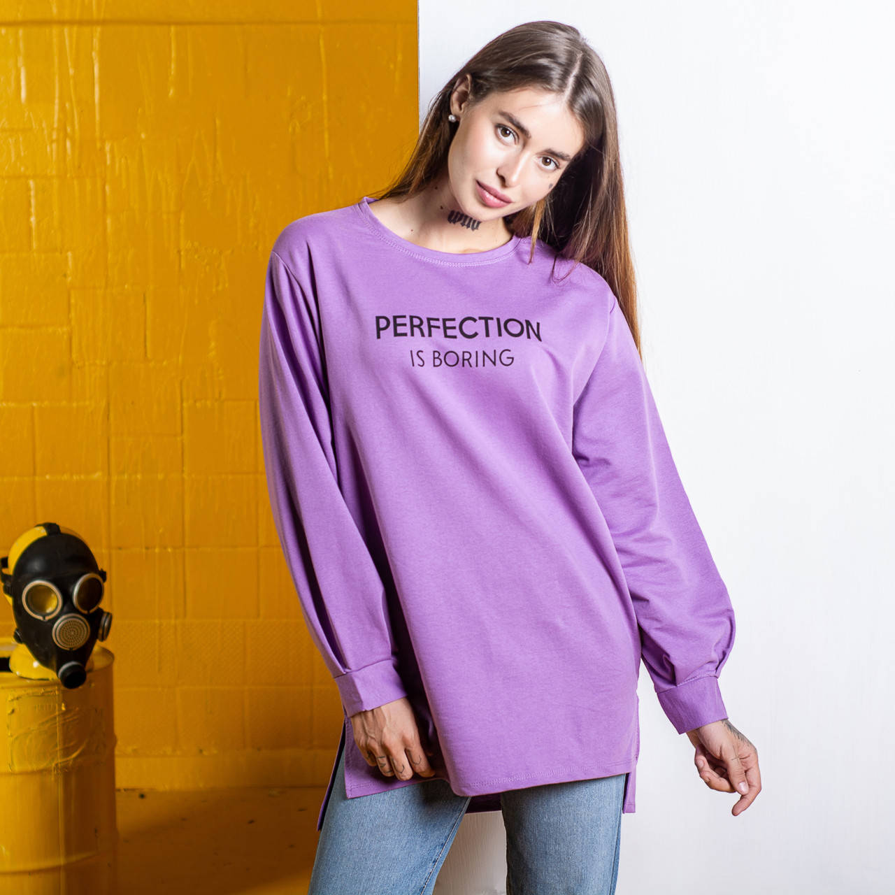

Женская туника фиолетовая с надписью "Perfection is Boring" S/M, Фиолетовый