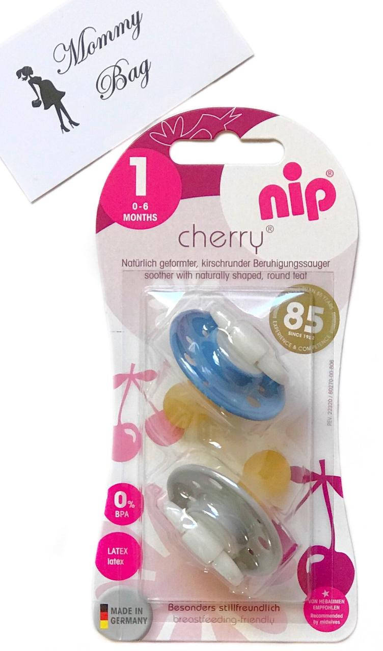 

Пустышка Nip Вишенка, 0-6 мес., латекс, для мальчика, 2 шт. (Сине-серые), Синий