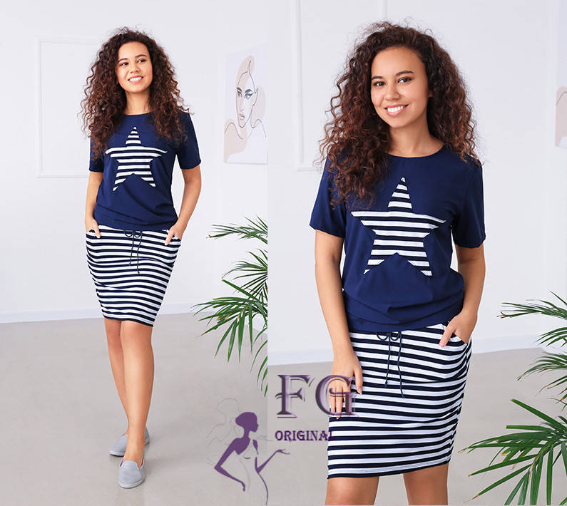 

Трикотажный костюм с юбкой и футболкой 50, 52, 54 размера, Синий