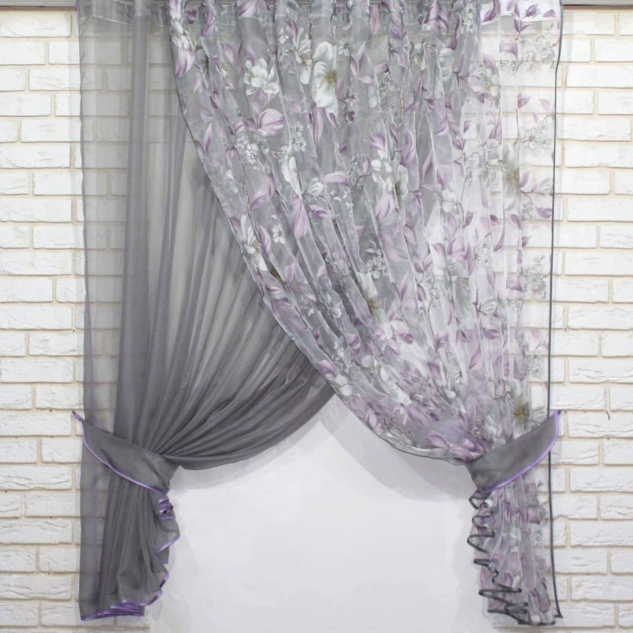 

Короткие шторы на кухню. Комплект из шифона с подвязками. Цвет графитовый с сиреневым, Темно-серый